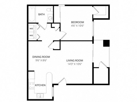 Floor plan for 1 bed, 1 bath, 715 sqft